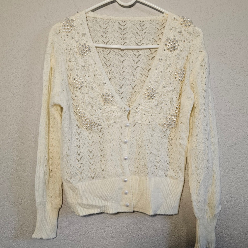 Vintage Style Cream Pointelle Knit Cardigan Pearl Lace Soft Girl Cottagecore M